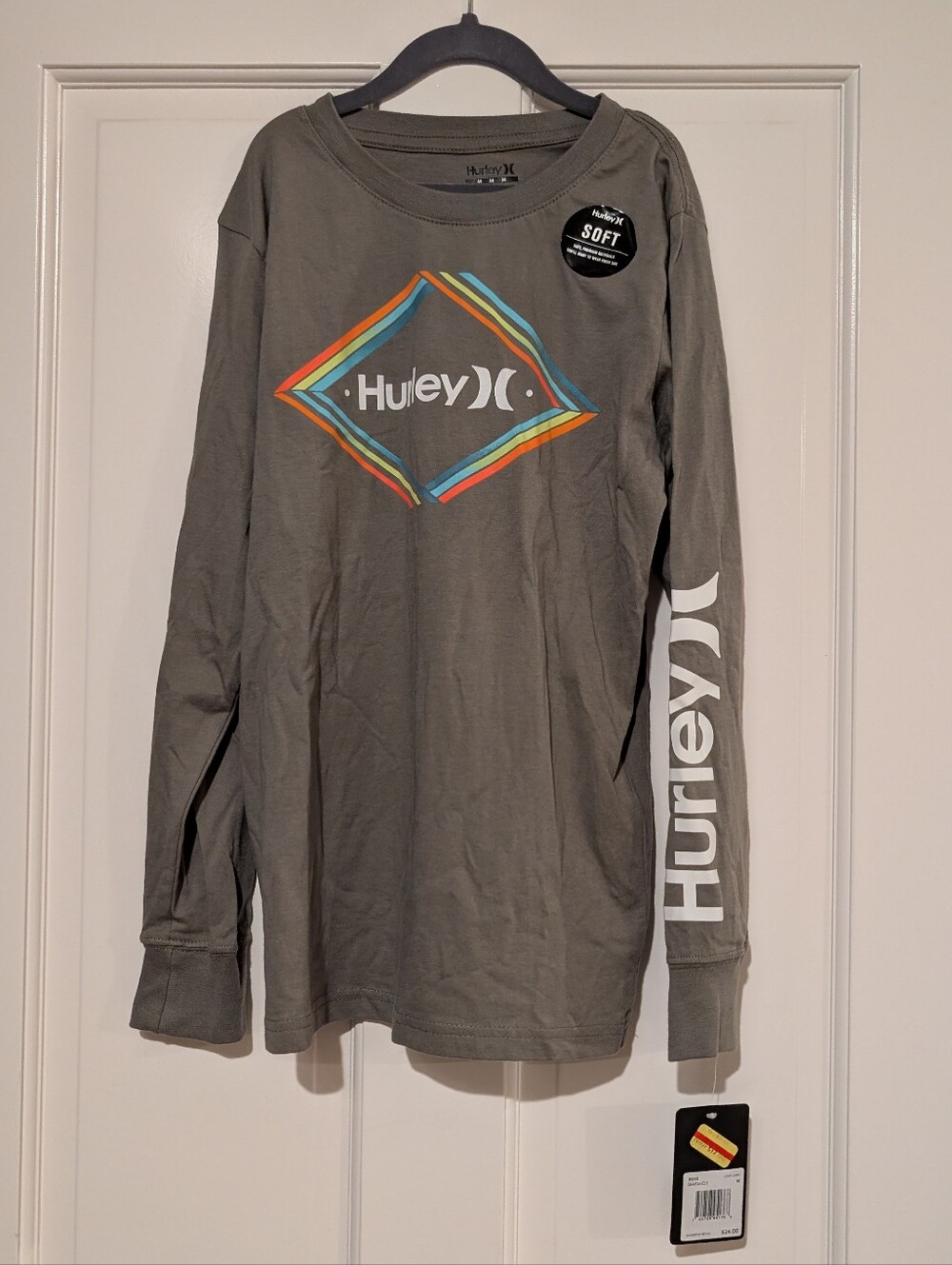 Boy's Hurley Olive Long Sleeve Tee with Multicolor Diamond Logo